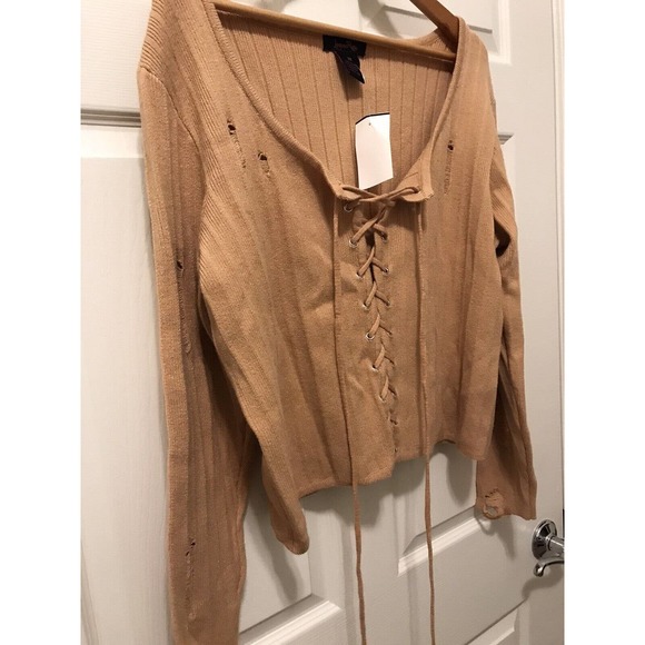 Sexy Distressed Sweater Plus 2X, Light Gold Mustard, Low Cut - Picture 5 of 16